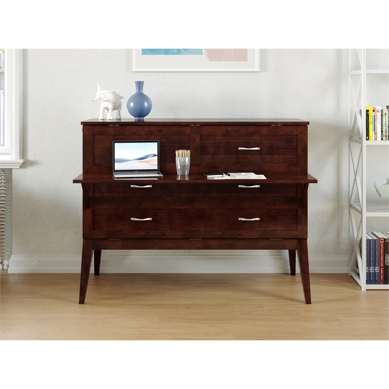 Pemberly Row Set of 2 Walnut Full Size Murphy Bed Desk w/ Mattress & Side Table
