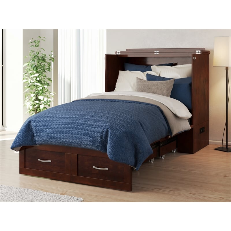 Pemberly Row Set of 2 Twin Extra Long Murphy Bed Chest & Side Table in Walnut
