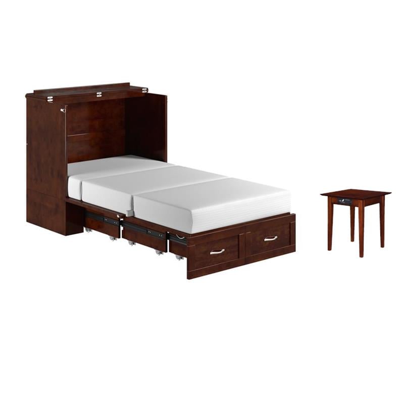 Pemberly Row Set of 2 Twin Extra Long Murphy Bed Chest & Side Table in Walnut
