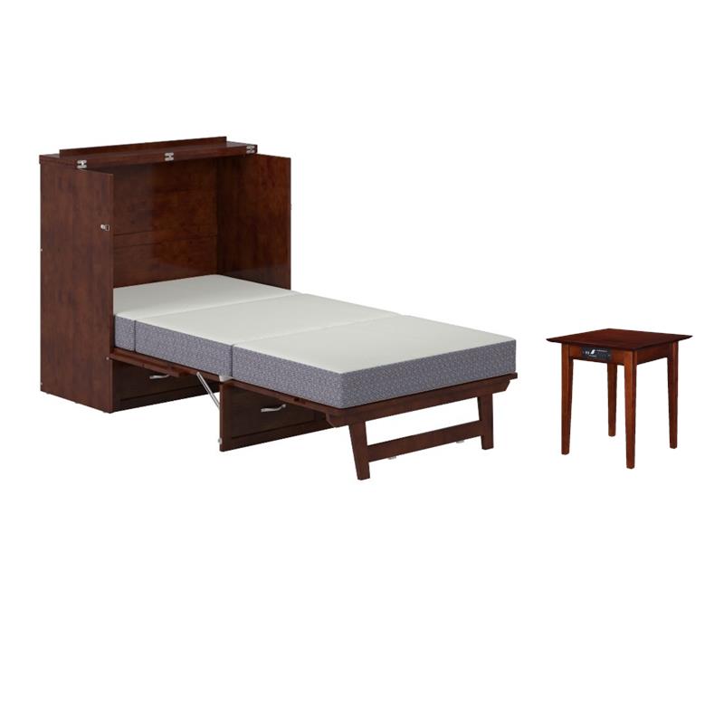 Pemberly Row Set of 2 Walnut Twin XL Murphy Bed Chest with Mattress & Side Table