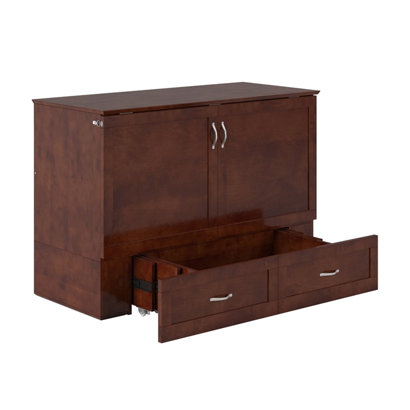 Pemberly Row Set of 2 Murphy Full Bed Chest with Mattress & Side Table in Walnut