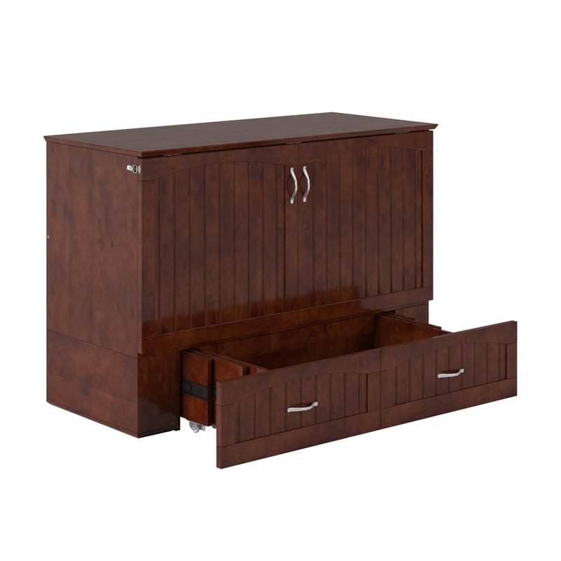 Pemberly Row Set of 2 Murphy Full Bed Chest with Mattress & Side Table in Walnut