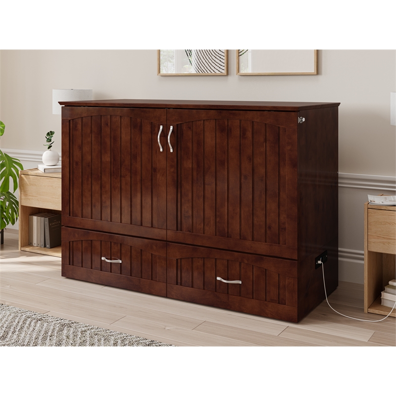 Pemberly Row Set of 2 Murphy Full Bed Chest with Mattress & Side Table in Walnut