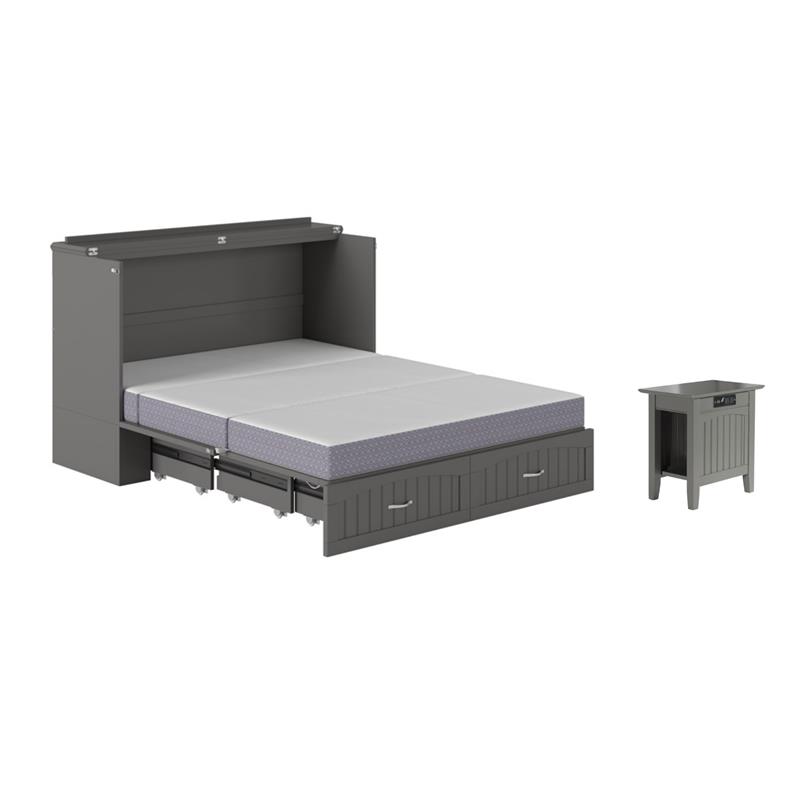 Pemberly Row Set of 2 Queen Murphy Bed Chest with Mattress & Side Table in Gray