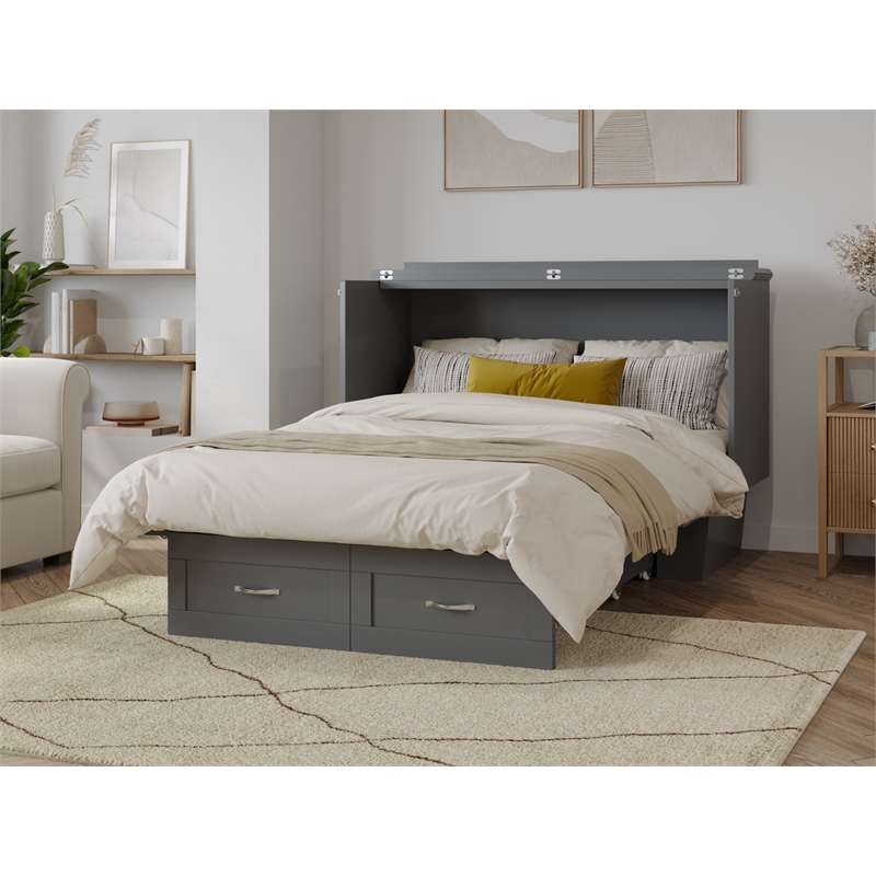 Pemberly Row Set of 2 Gray Full Size Murphy Bed Chest with Mattress & Side Table