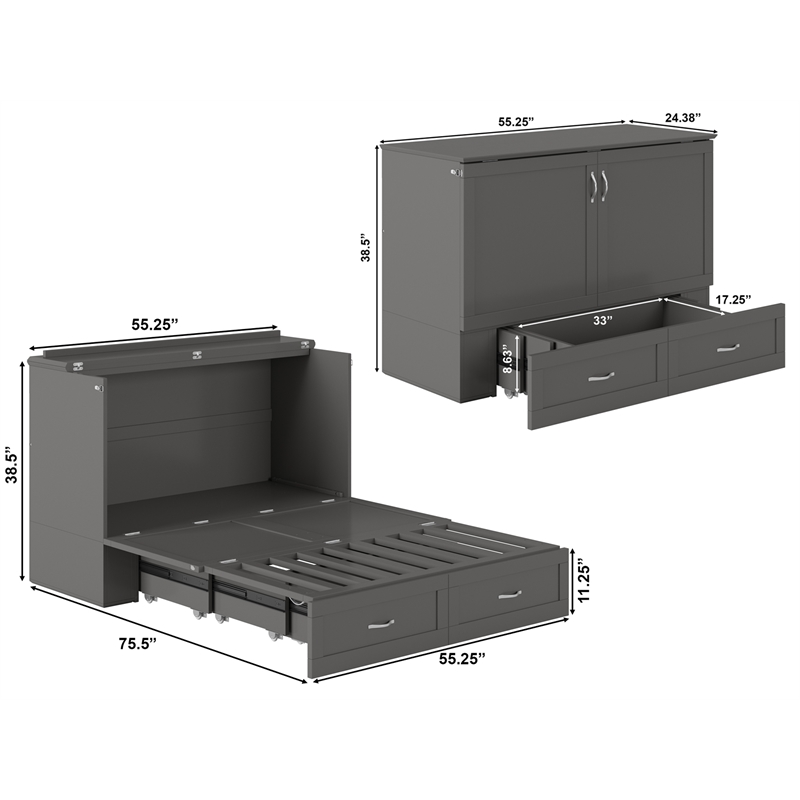 Pemberly Row Set of 2 Murphy Full Bed Chest with Mattress & End Table in Gray