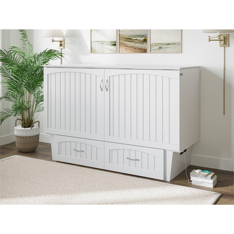 Pemberly Row Set of 2 Queen Murphy Bed Chest with Mattress & Side Table in White