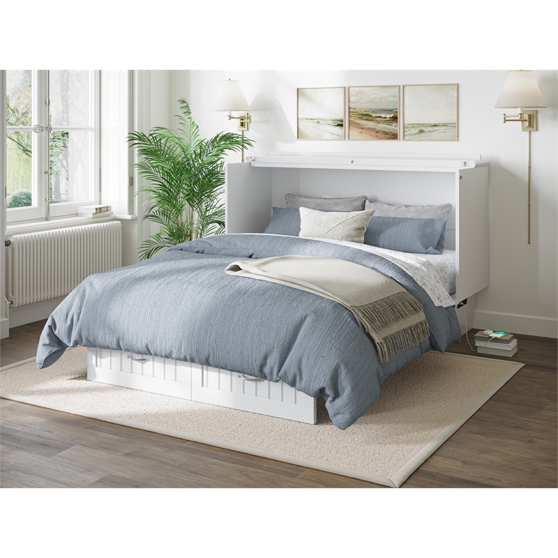Pemberly Row Set of 2 Queen Murphy Bed Chest with Mattress & Side Table in White