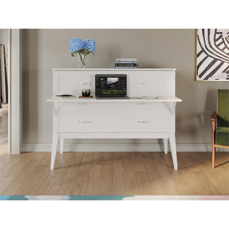 Pemberly Row Set of 2 White Full Size Murphy Bed Desk with Mattress & Side Table
