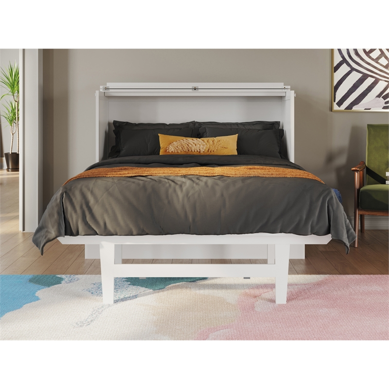 Pemberly Row Set of 2 White Full Size Murphy Bed Desk with Mattress & Side Table