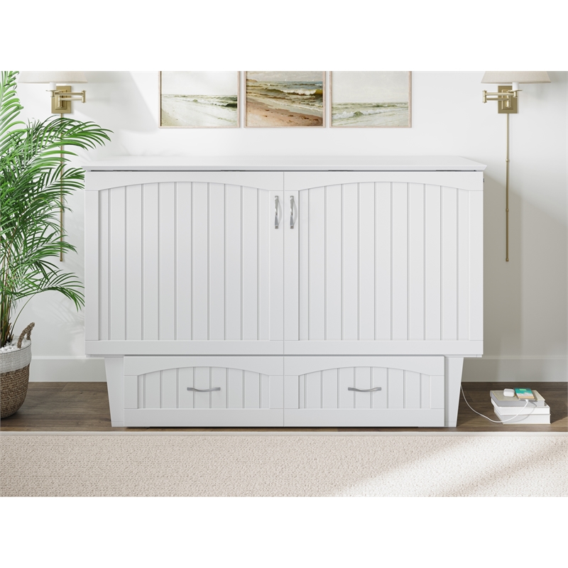 Pemberly Row Set of 2 Queen Murphy Bed Chest with Mattress & Side Table in White