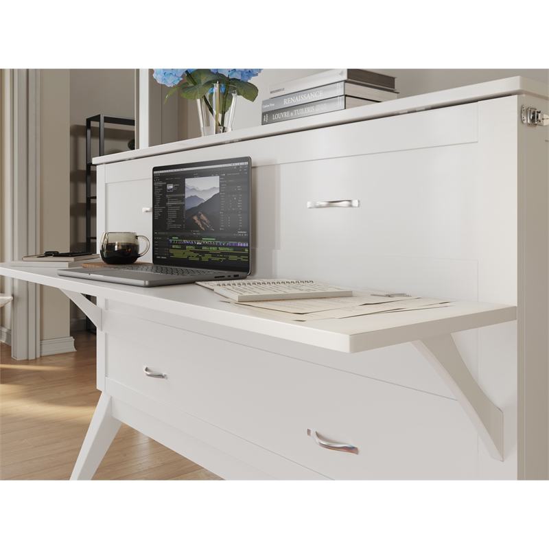 Pemberly Row Set of 2 White Full Size Murphy Bed Desk with Mattress & Side Table