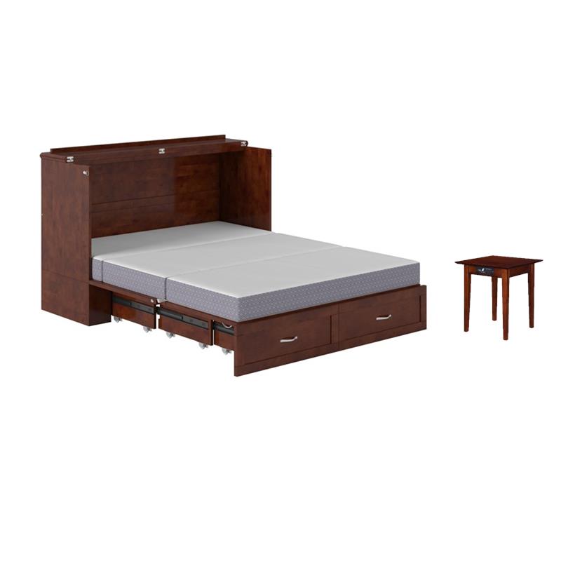 Pemberly Row Set of 2 Queen Murphy Bed Chest w/ Mattress & Side Table in Walnut