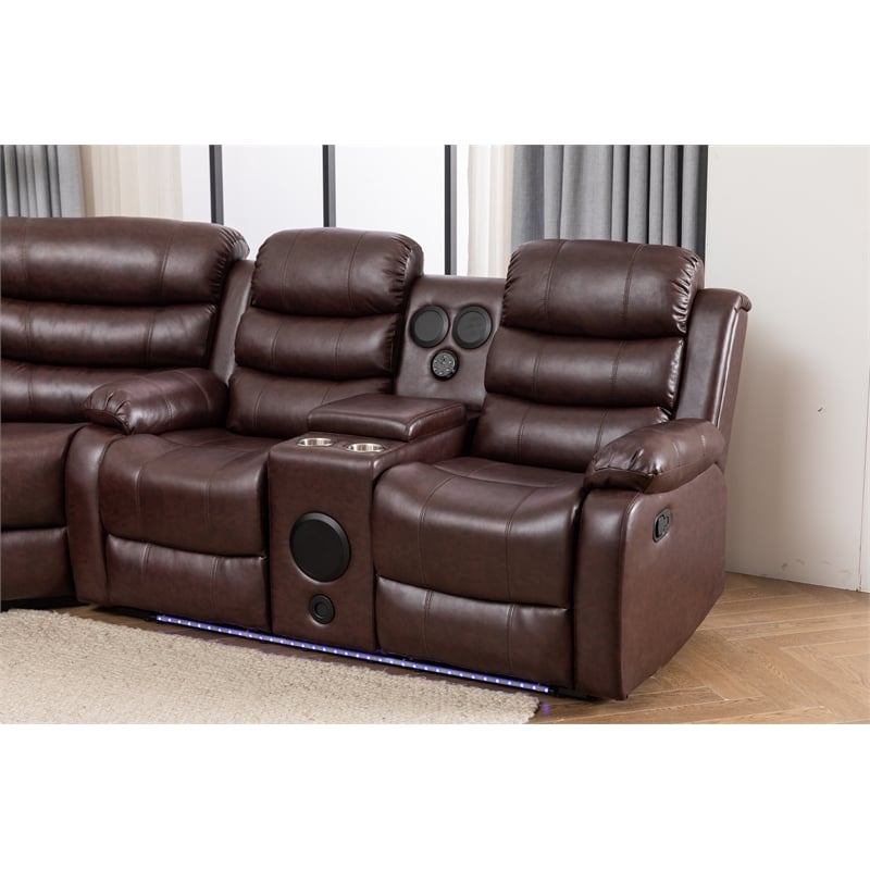 Pemberly Row Contemporary LED Faux Leather Reclining Sectional in Brown