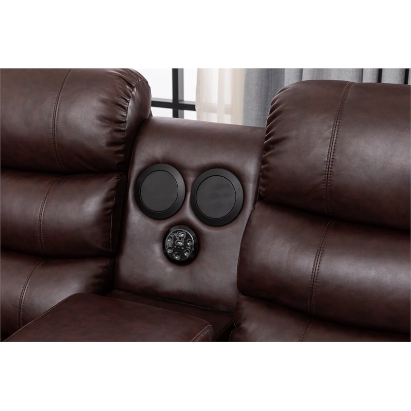 Pemberly Row Contemporary LED Faux Leather Reclining Sectional in Brown