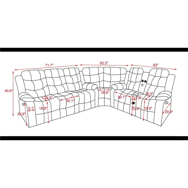 Pemberly Row Contemporary LED Faux Leather Reclining Sectional in Brown