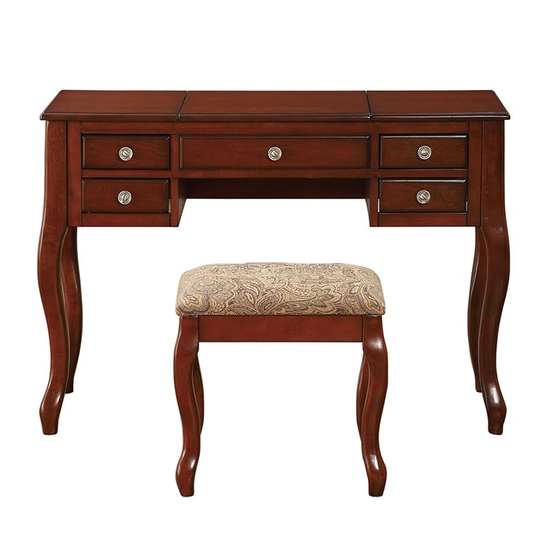Pemberly Row Wood Vanity Set with Stool and Mirror in Cherry
