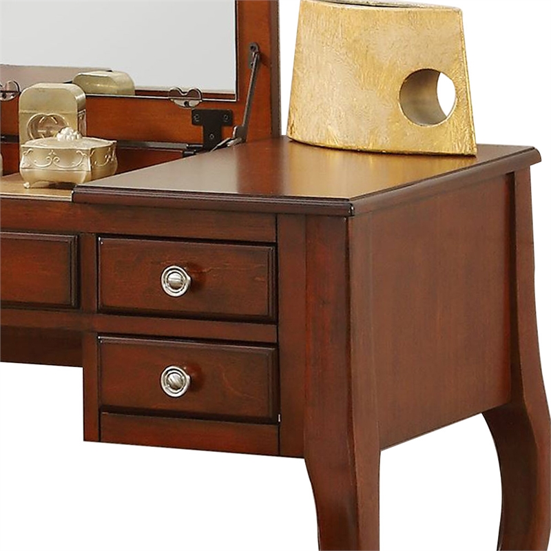 Pemberly Row Wood Vanity Set with Stool and Mirror in Cherry