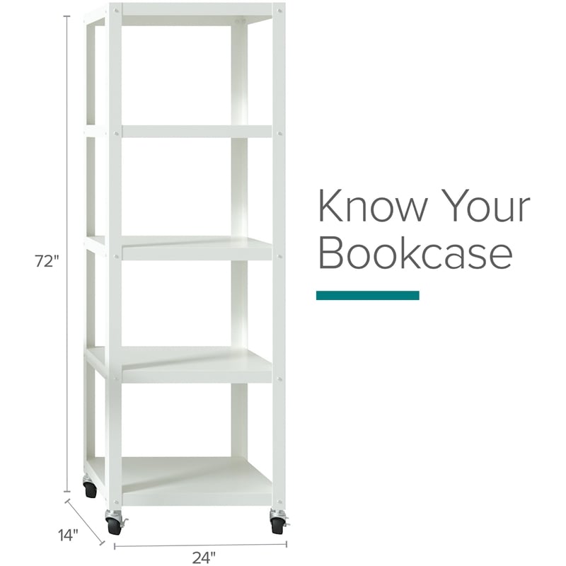 Pemberly Row 72-inch High Mobile 5-Shelf Metal Bookcase White