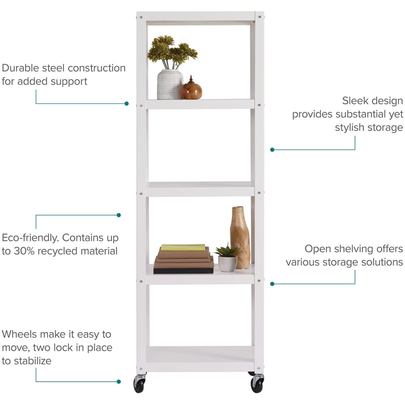 Pemberly Row 72-inch High Mobile 5-Shelf Metal Bookcase White