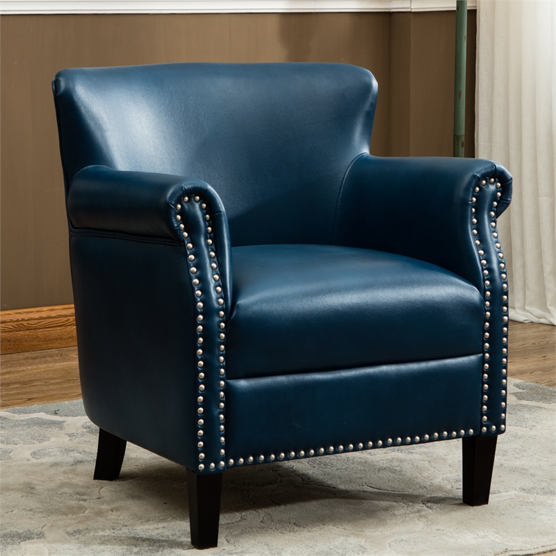 Pemberly Row Navy Blue Faux Leather Club Chair with Nail Head Trim