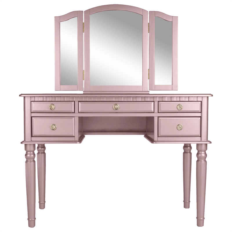 Pemberly Row Wood Vanity Set with Mirror and Stool in Pink Rose Gold Color