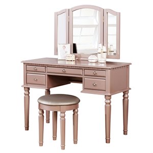 Pemberly Row Wood Vanity Set with Mirror and Stool in Pink Rose Gold Color