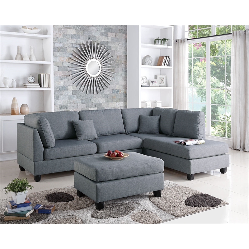 Pemberly Row 3 Piece Fabric Reversible Sectional Sofa Set with Ottoman in Gray