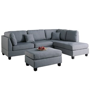 Pemberly Row 3 Piece Fabric Reversible Sectional Sofa Set with Ottoman in Gray