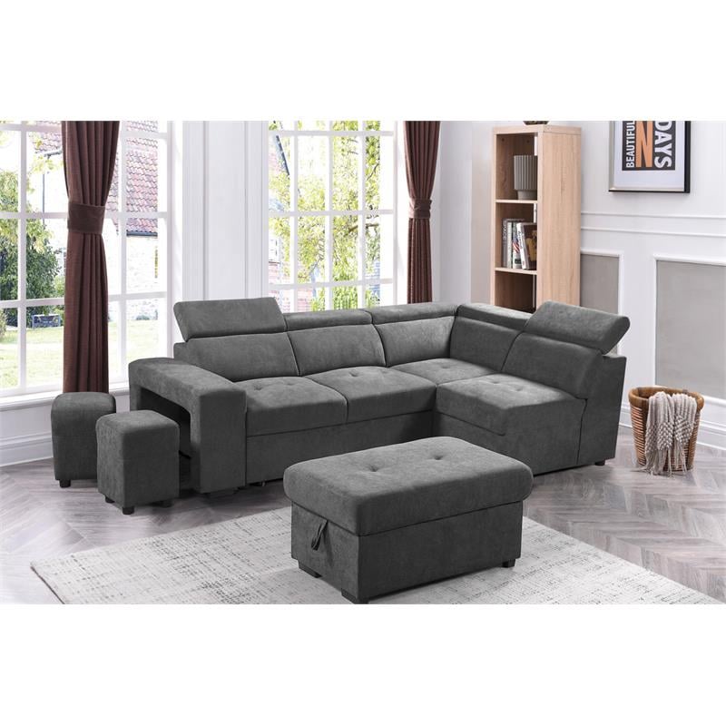 Pemberly Row Light Gray Sleeper Sectional Sofa with Storage Ottoman and 2 Stools