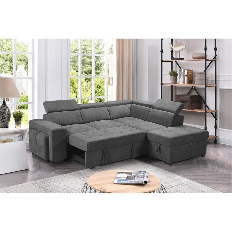 Pemberly Row Light Gray Sleeper Sectional Sofa with Storage Ottoman and 2 Stools
