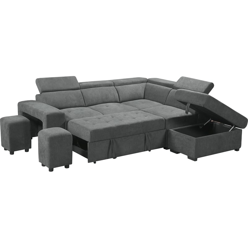 Pemberly Row Light Gray Sleeper Sectional Sofa with Storage Ottoman and 2 Stools