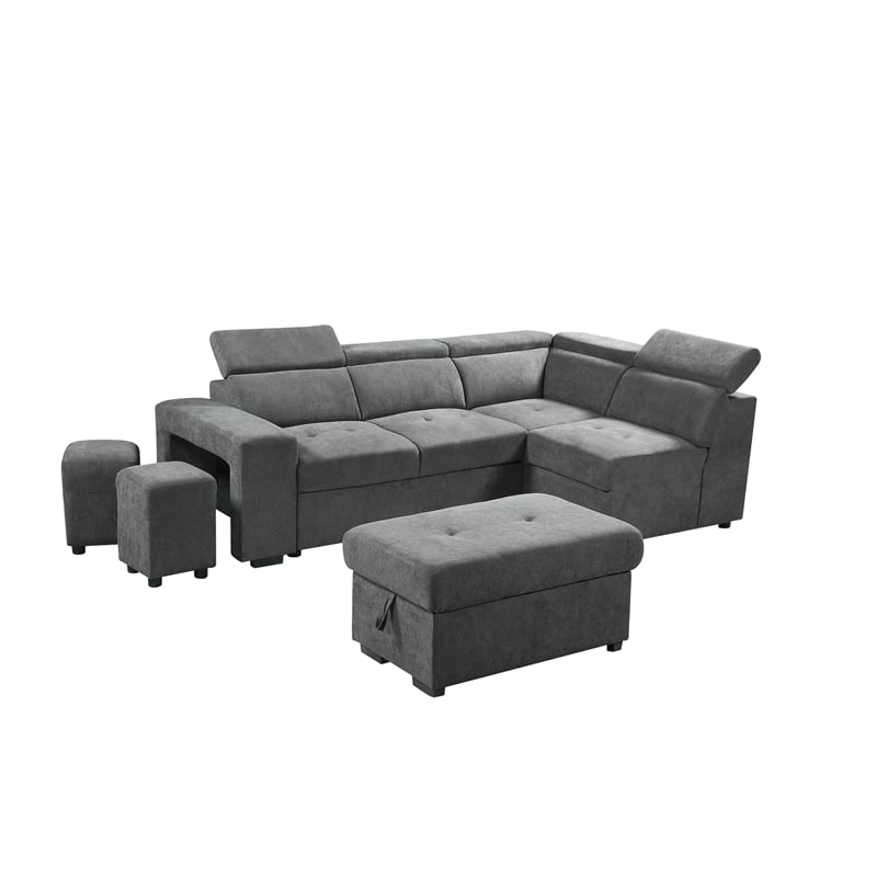Pemberly Row Light Gray Sleeper Sectional Sofa with Storage Ottoman and 2 Stools