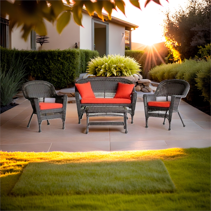 Pemberly Row 4Pcs Wicker Conversation Set in Espresso and Red-Orange Cushions