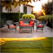 Pemberly Row 4Pcs Wicker Conversation Set in Espresso and Red-Orange Cushions
