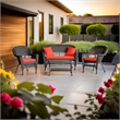 Pemberly Row 4Pcs Wicker Conversation Set in Espresso and Red-Orange Cushions