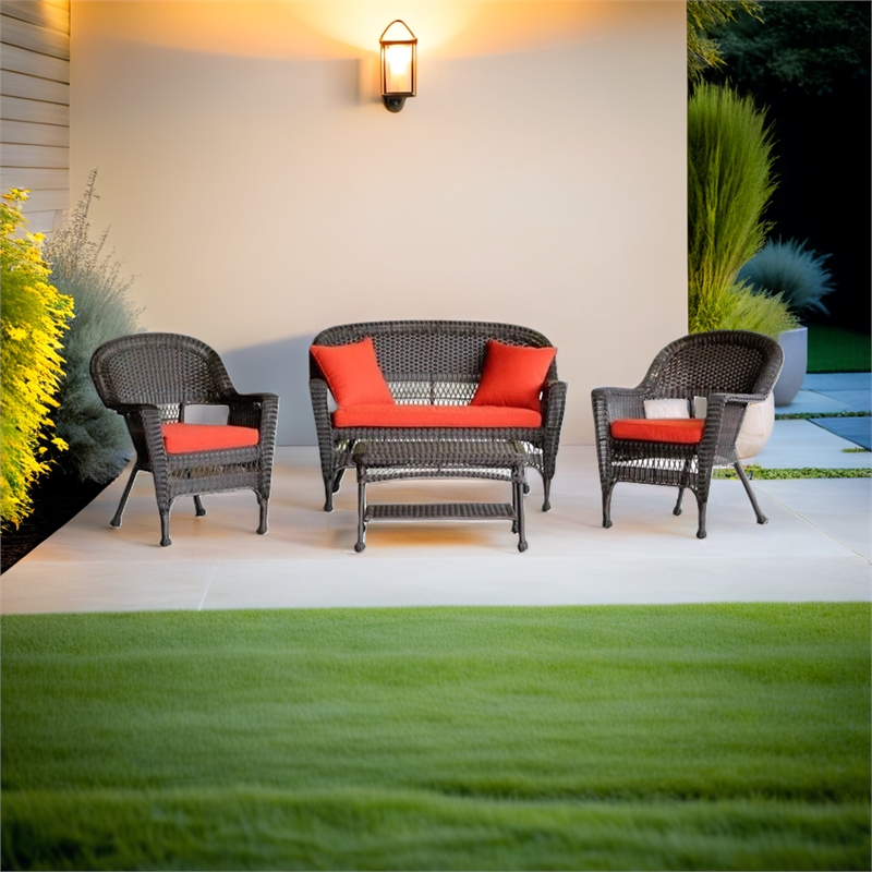 Pemberly Row 4Pcs Wicker Conversation Set in Espresso and Red-Orange Cushions