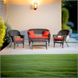 Pemberly Row 4Pcs Wicker Conversation Set in Espresso and Red-Orange Cushions