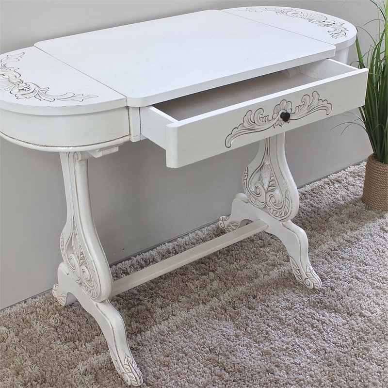 Pemberly Row Contemporary Carved Writing Desk in Antique White