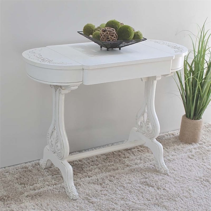 Pemberly Row Contemporary Carved Writing Desk in Antique White