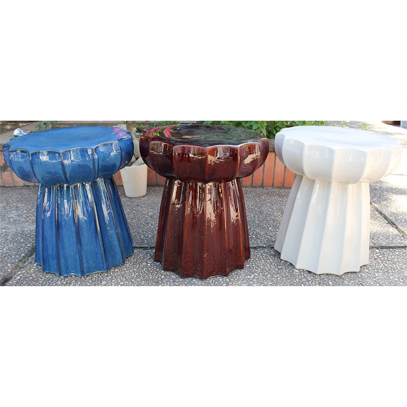 Pemberly Row Round Scalloped Ceramic Garden Stool in Navy Blue