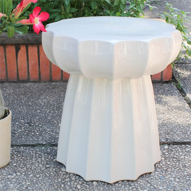 Pemberly Row Round Scalloped Ceramic Garden Stool in Navy Blue