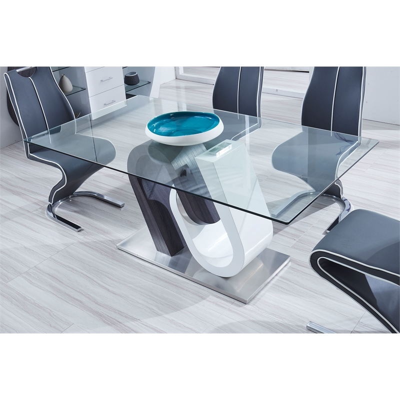 Pemberly Row Modern Glass Dining Table With White And Gray Base