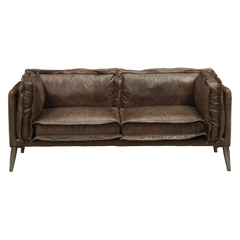 Pemberly Row Contemporary Leather Loveseat in Distress Chocolate