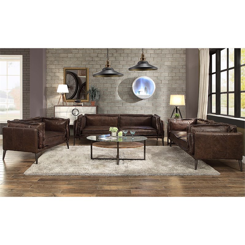 Pemberly Row Contemporary Leather Loveseat in Distress Chocolate