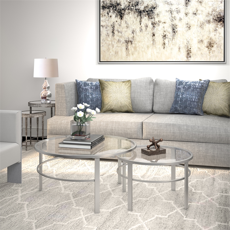 Pemberly Row 2 Piece Nested Metal & Glass Coffee Table in Satin Nickel and Gray