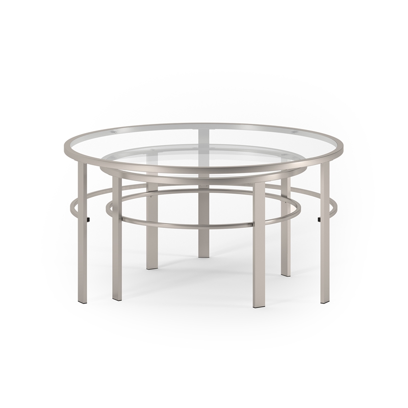 Pemberly Row 2 Piece Nested Metal & Glass Coffee Table in Satin Nickel and Gray