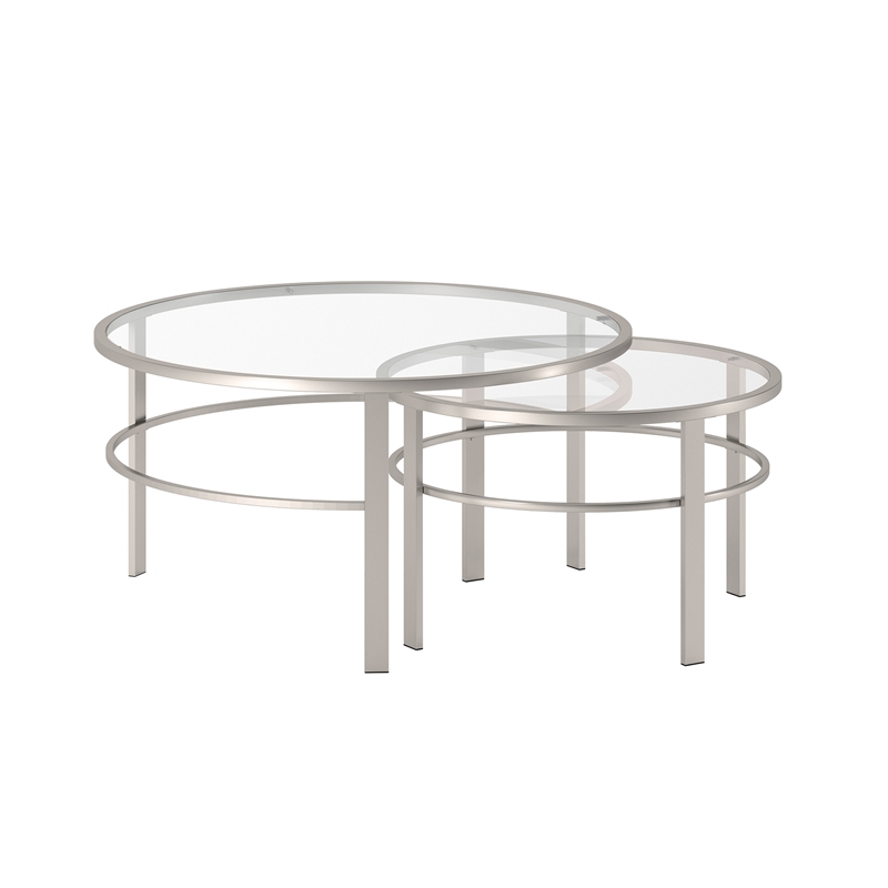 Pemberly Row 2 Piece Nested Metal & Glass Coffee Table in Satin Nickel and Gray