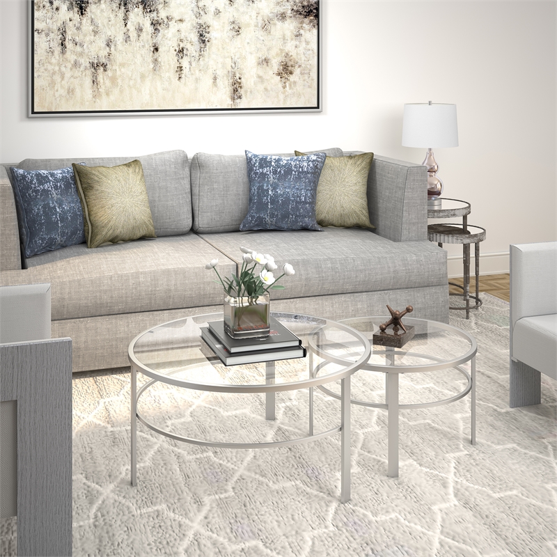 Pemberly Row 2 Piece Nested Metal & Glass Coffee Table in Satin Nickel and Gray