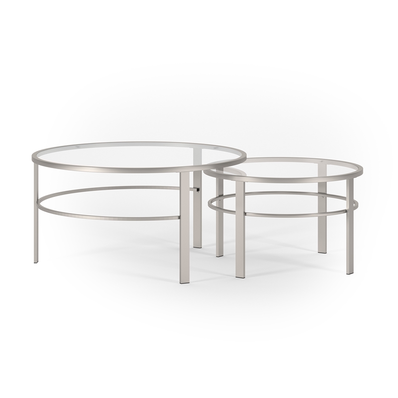 Pemberly Row 2 Piece Nested Metal & Glass Coffee Table in Satin Nickel and Gray